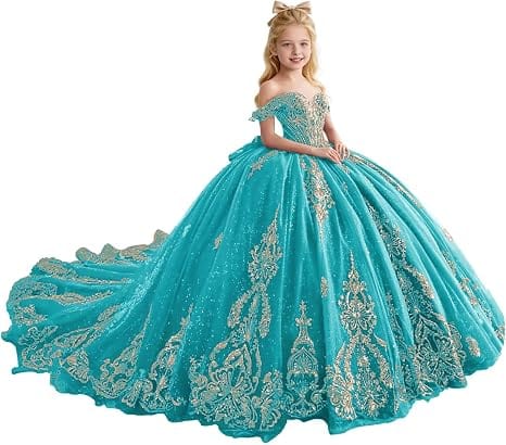 Turquoise / 18m Sunnypetal Luxury Gold Appliqué Glitter Tulle Flower Girl Gown with Oversized Bow