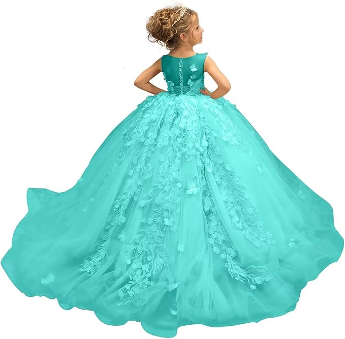 Turquoise / 18m Sunnypetal Puffy Tulle Flower Girl Dress Appliques 3D Butterfly Pageant Party Princess Dresses