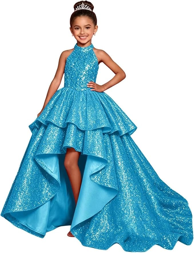 Turquoise / 18m Sunnypetal Sparkly Sequin Halter High Low Flower Girl Dress Pageant Gown