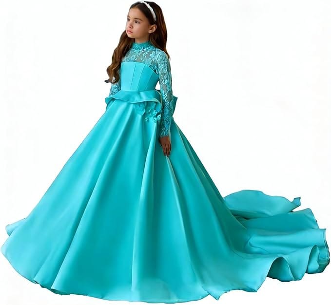 Turquoise / 3m Sunnypetal Long Sleeves Lace Appliques Long Princess Satin Communion Dress with 3D Flowers