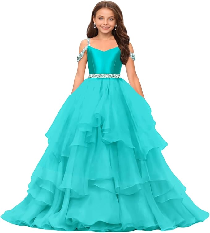 Turquoise / 9m Sunnypetal Off-Shoulder Sweetheart Puffy Tulle Flower Girl Dress with Beaded Details