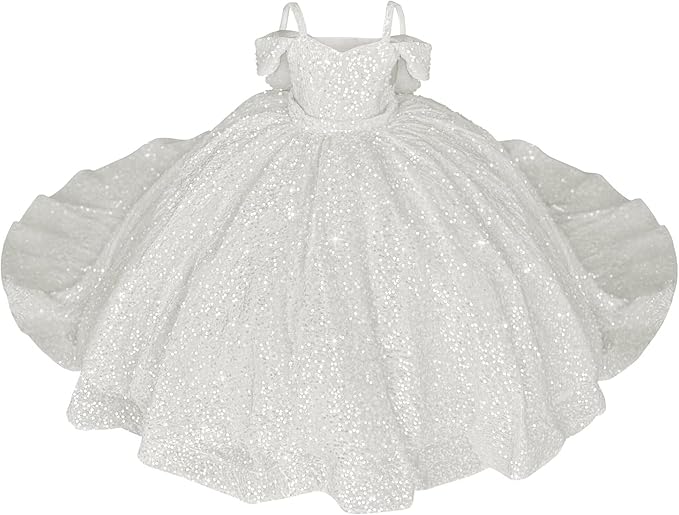 White / 18m Sparkly Off-Shoulder Sequin Flower Girl Pageant Dress Princess Ball Gown with Bow