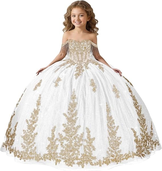 White / 18m Sunnypetal Black Off-Shoulder Floral Embroidery Flower Girl Ball Gown