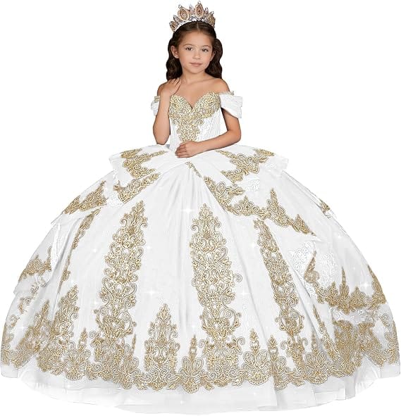 White / 18m Sunnypetal Elegant Gold Appliqué Off-Shoulder Flower Girl Dress with Tassel Details