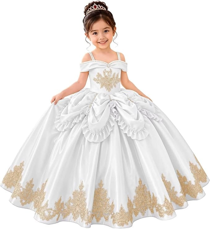 White / 18m Sunnypetal Elegant Golden Satin Princess Flower Girl Dress with Bow