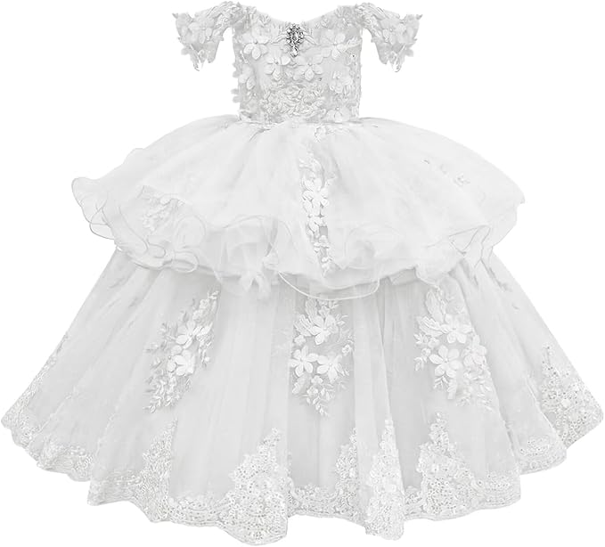 White / 18m Sunnypetal Elegant Off-Shoulder Tulle Ball Gown Flower Girl Dress with 3D Floral Appliqués