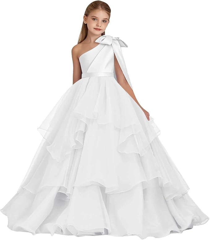 White / 18m Sunnypetal Elegant One-Shoulder Satin Tulle Flower Girl Pageant Dress for Special Occasions