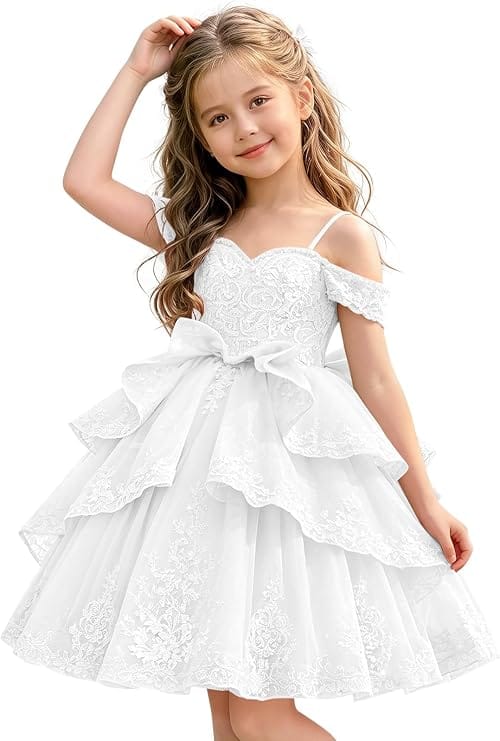 White / 18m Sunnypetal Elegant Sweetheart Lace Applique Princess Bow Flower Girl Pageant Dress