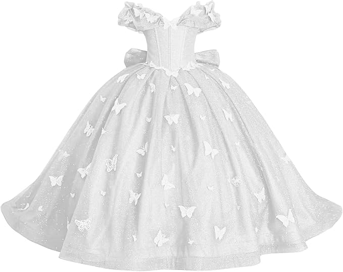 White / 18m Sunnypetal Enchanted Blue Butterfly Princess Flower Girl Dress