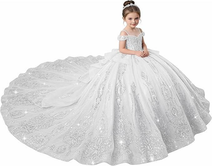 White / 18m Sunnypetal Enchanted Blue Off-Shoulder Flower Girl Princess Ball Gown with Sparkling Appliqués