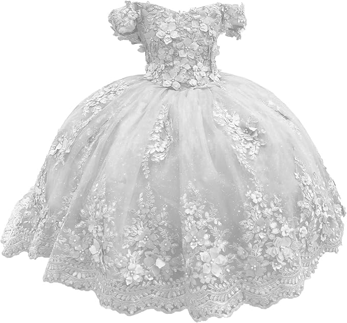White / 18m Sunnypetal Enchanted Ice Blue Tulle Ball Gown Flower Girl Dress with 3D Floral Appliqués