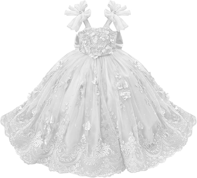 White / 18m Sunnypetal Enchanted Mint Green Tulle Ball Gown Flower Girl Dress with 3D Floral Appliqués