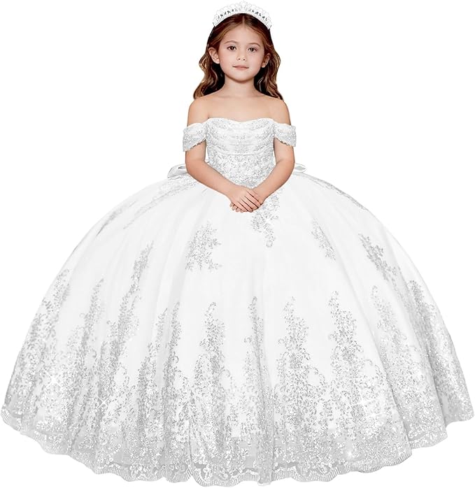 White / 18m Sunnypetal Enchanted Off-Shoulder Tulle Ball Gown Flower Girl Dress with Lace Appliqués