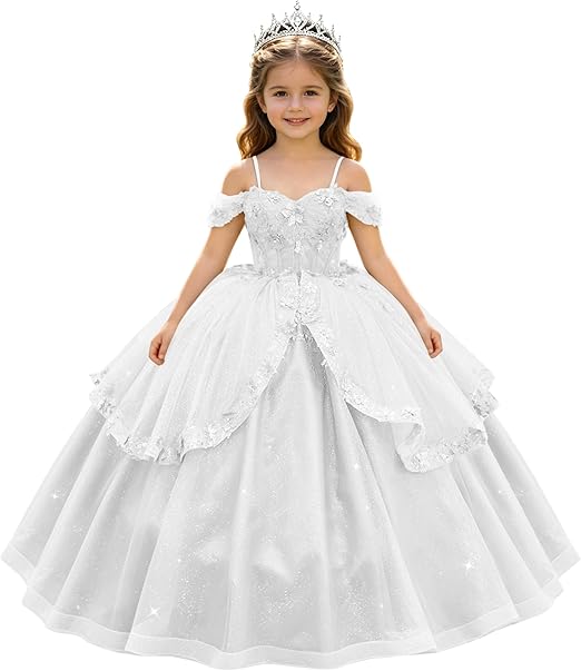 White / 18m SunnyPetal Enchanted Sage Green Off-Shoulder Lace Appliqué Tulle Flower Girl Gown