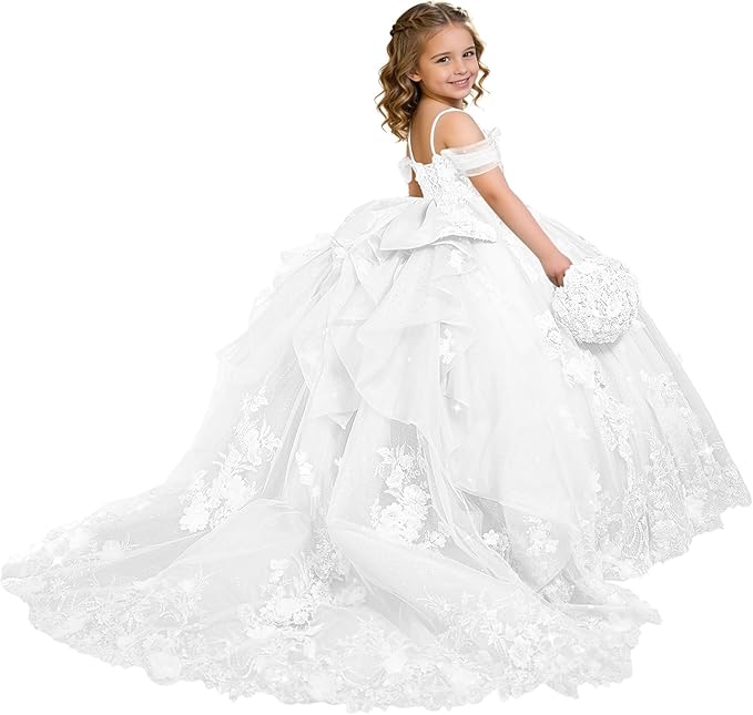 White / 18m Sunnypetal Exquisite 3D Floral Lace Applique Ruffle Tulle Flower Girl Ball Gown with Bow