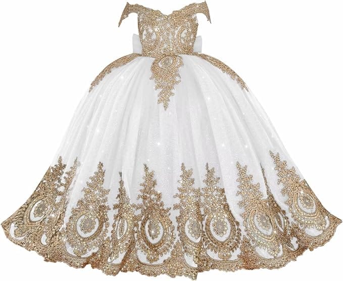 White / 18m Sunnypetal Exquisite Gold Appliqué Off-Shoulder Princess Flower Girl Dress with Bow