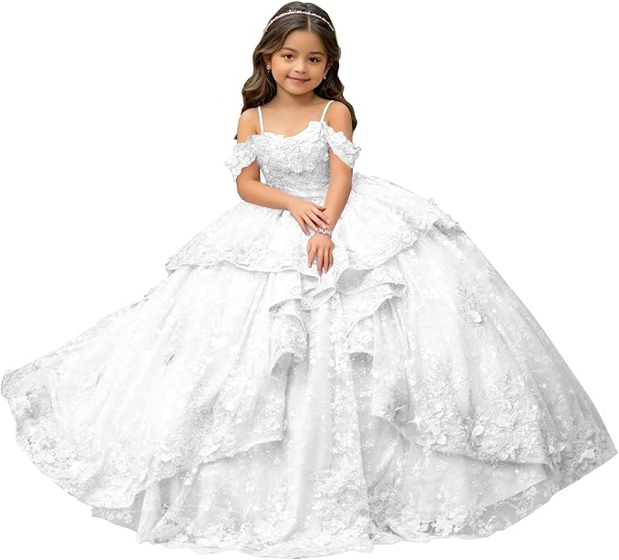White / 18m Sunnypetal Exquisite Off-Shoulder 3D Floral Appliqué Pageant Flower Girl Gown