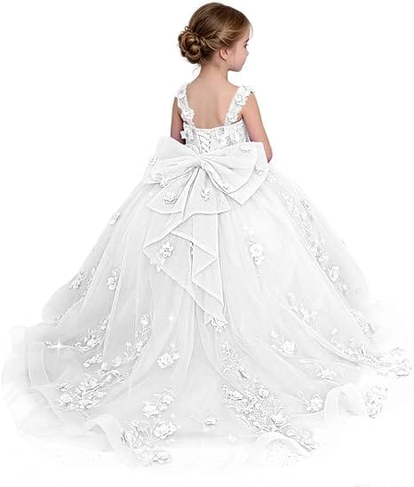 White / 18m Sunnypetal Exquisite Off-Shoulder 3D Floral Glitter Tulle Ball Gown Flower Girl Dress with Bow