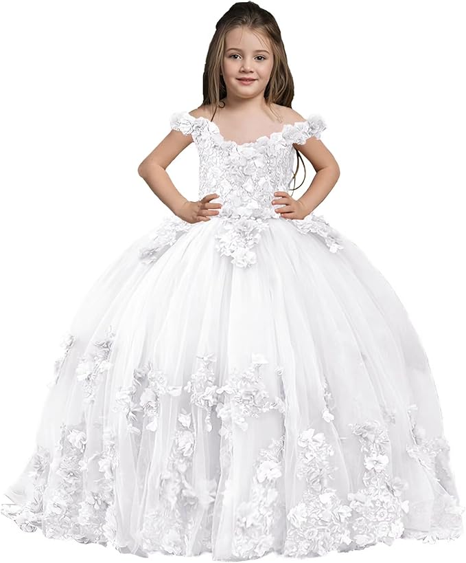 White / 18m Sunnypetal Exquisite Off-Shoulder Tulle 3D Floral Flower Girl Princess Dress with Satin Bow