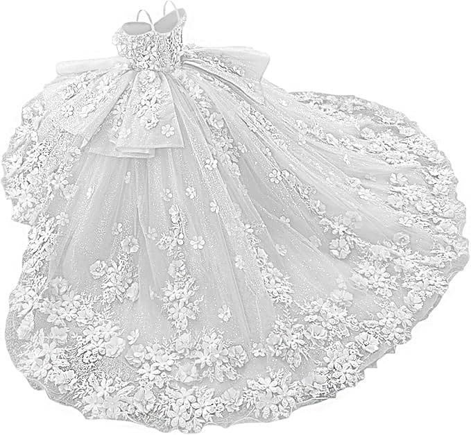 White / 18m Sunnypetal Exquisite Tulle Off-Shoulder Flower Girl Dress Pageant Gown with 3D Floral Appliqués