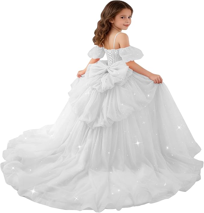 White / 18m Sunnypetal Girls Spaghetti Strap Glitter Tulle Ball Gown with Lace Appliqués &amp; Bow