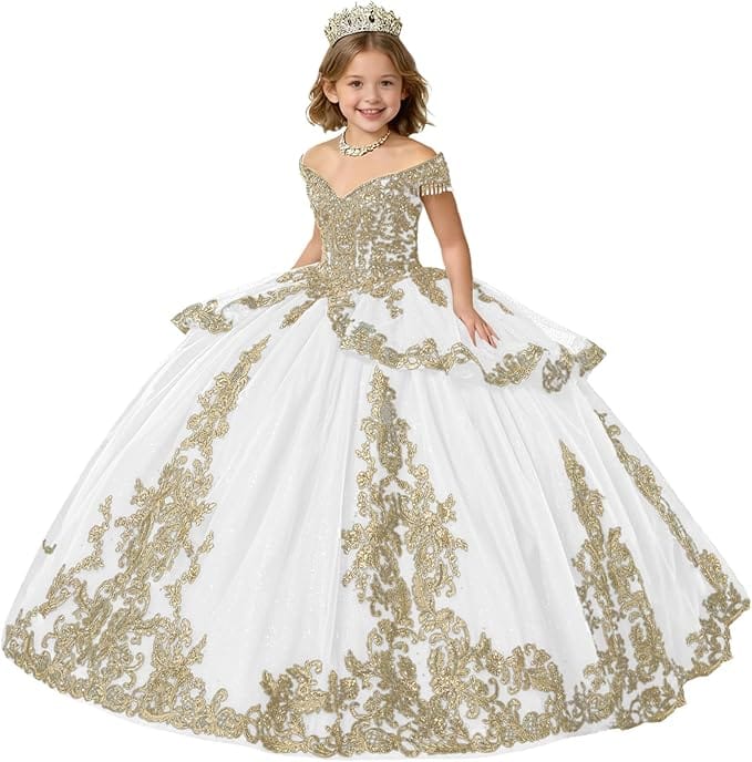 White / 18m Sunnypetal Gold Applique Off Shoulder Flower Girl Dress with Tassels Crystal &amp; Bow