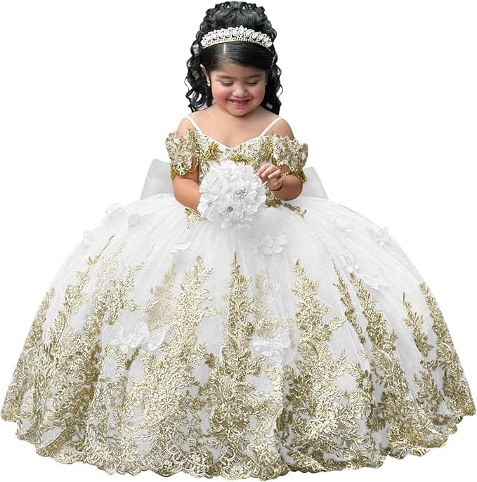 White / 18m Sunnypetal Gorgeous Gold Appliqués Tulle Flower Girl Ball Gown with Bow and 3D Butterflies