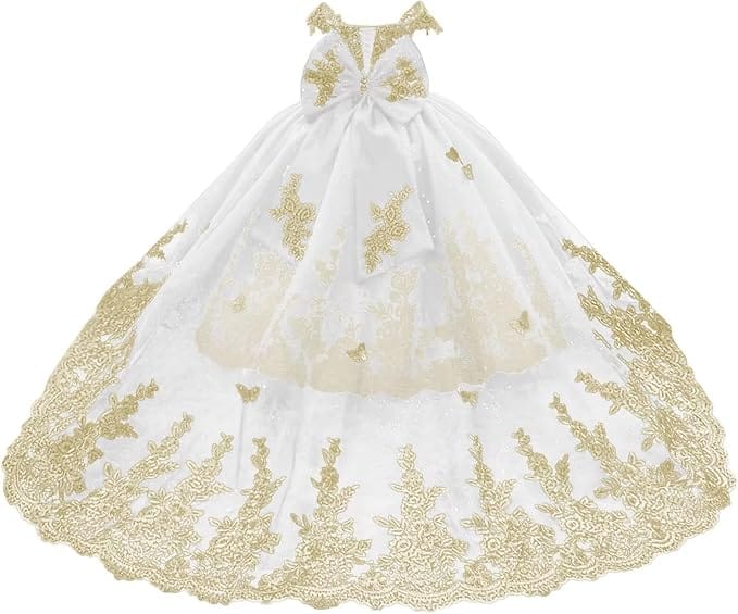 White / 18m Sunnypetal Gorgeous Off-Shoulder Sweetheart Tulle Flower Girl Dress with Gold Embroidery