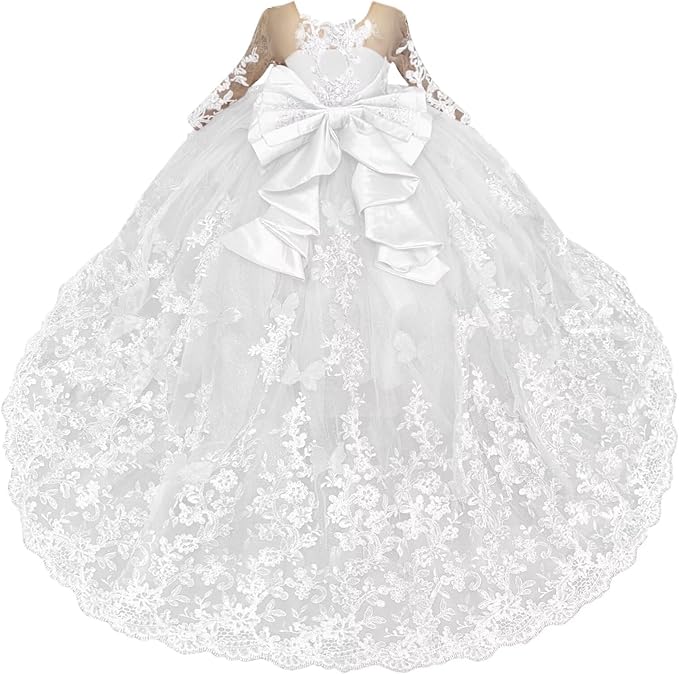 White / 18m Sunnypetal Lace Long Sleeve Ball Gown Flower Girl Dress with 3D Butterflies and Satin Bow