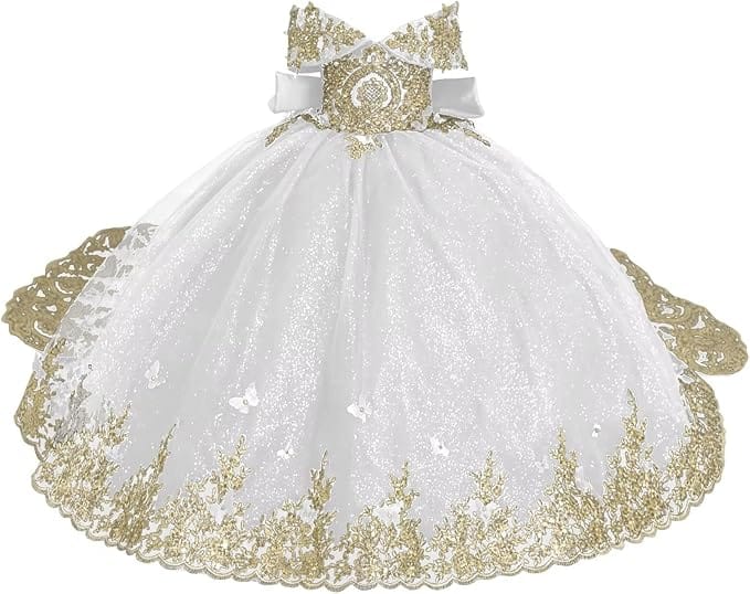 White / 18m Sunnypetal Luxury Emerald Green Lace Appliqué Tulle Ball Gown Flower Girl Dress with Royal Train