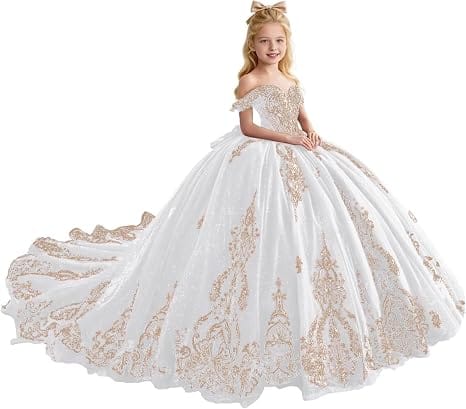 White / 18m Sunnypetal Luxury Gold Appliqué Glitter Tulle Flower Girl Gown with Oversized Bow