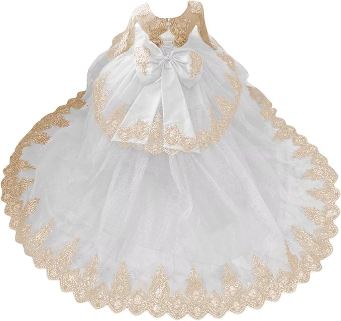 White / 18m Sunnypetal Luxury Gold Lace Appliqué Tulle Ball Gown Flower Girl Dress with Royal Train