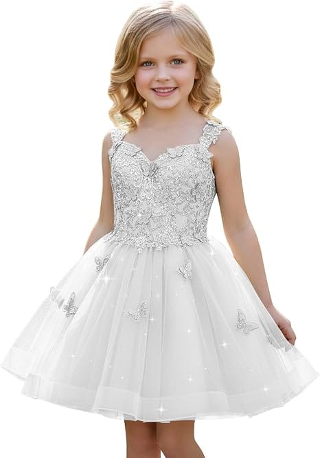 White / 18m Sunnypetal Luxury Mint Green Butterfly Lace Flower Girl Dress