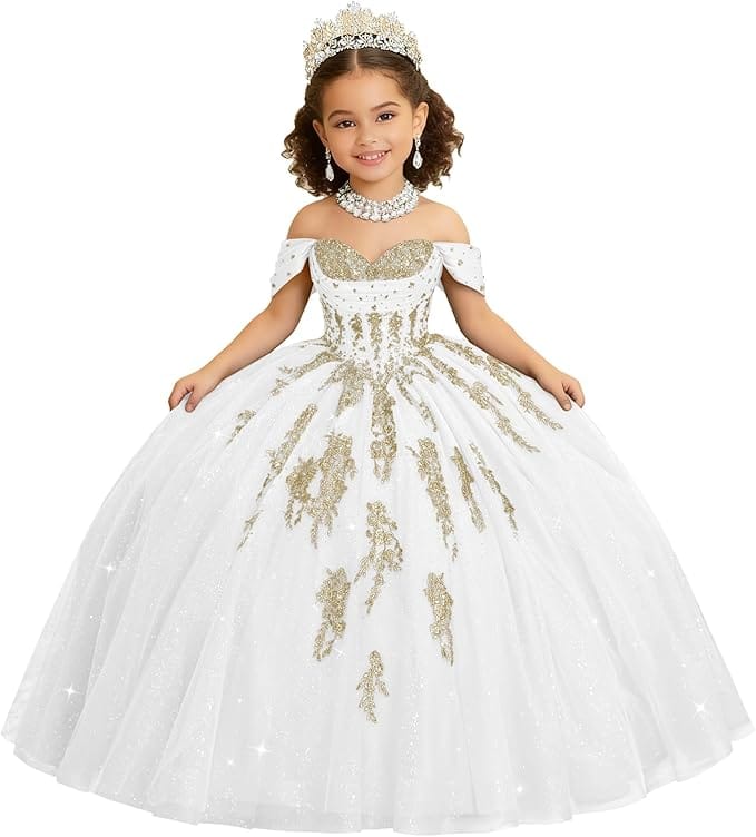 White / 18m Sunnypetal Luxury Off-Shoulder Gold Lace Applique Princess Flower Girl Ball Gown Dress