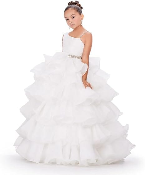 White / 18m Sunnypetal Luxury One Shoulder Organza Ruffle Flower Girl Pageant Gown