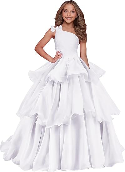 White / 18m Sunnypetal Luxury One-Shoulder Puffy Organza Flower Girl Dress Princess Pageant Gown