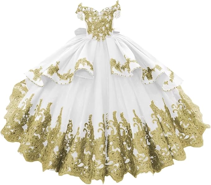 White / 18m Sunnypetal Luxury Royal Blue Off-Shoulder Ball Gown Flower Girl Dress with Gold Embroidery