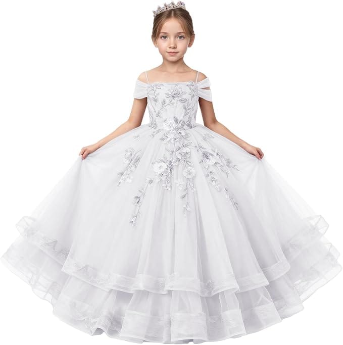 White / 18m Sunnypetal Off-Shoulder Floral Appliqué Tulle Flower Girl Dress for Special Occasions