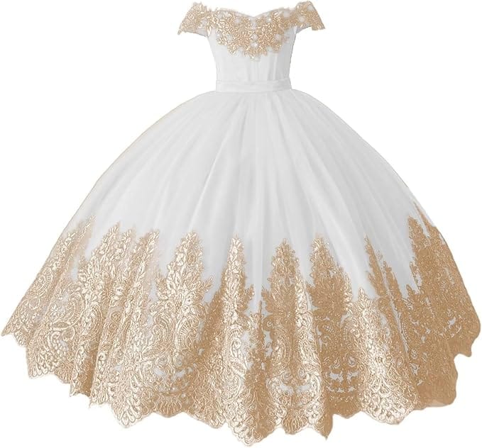 White / 18m Sunnypetal Off-Shoulder Gold Lace Beaded Puffy Tulle Flower Girl Gown for Special Occasions