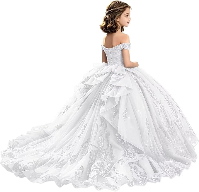 White / 18m Sunnypetal Off-Shoulder Lace Applique Beaded Flower Girl Pageant Dress