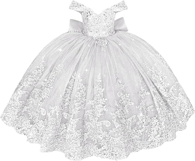 White / 18m Sunnypetal Off Shoulder Sweetheart Lace Tulle Flower Girl Pageant Dress with Bow