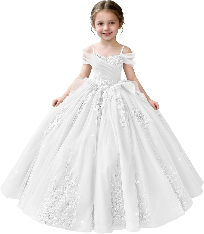 White / 18m Sunnypetal Off-Shoulderl 3D Lace Appliqué Tiered Ruffle Flower Girl Dress for Pageant