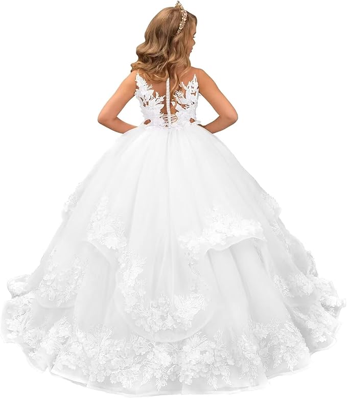 White / 18m Sunnypetal Pink Lace Appliques Floral Flower Girl Dresses Birthday Party Princess Dresss