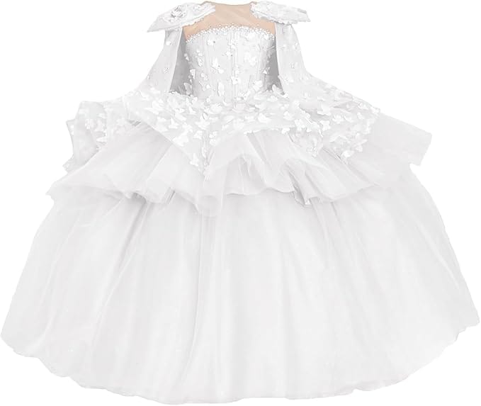 White / 18m Sunnypetal Princess Pink Tulle Ball Gown Flower Girl Dress with Butterfly Appliqués and Cape