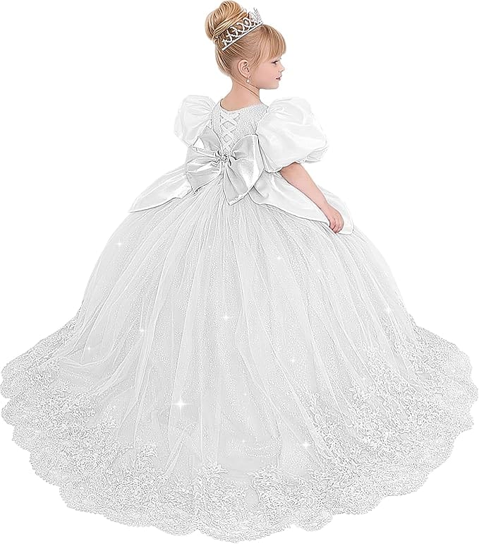 White / 18m Sunnypetal Princess Sky Blue Tulle Lace Flower Girl Dress with Bow and Puff Sleeves