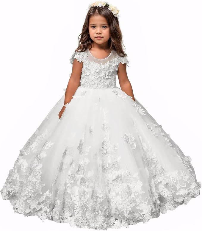 White / 18m Sunnypetal Romantic Blush Floral Lace Tulle Flower Girl Ball Gown