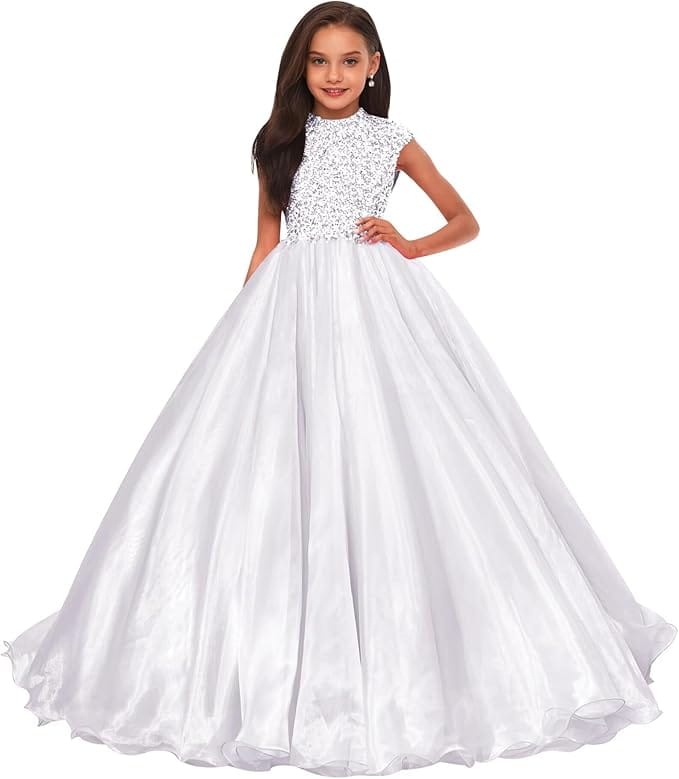 White / 18m Sunnypetal Sparkling Hot Pink Ball Gown Flower Girl Dress with Rhinestones Beaded Bodice