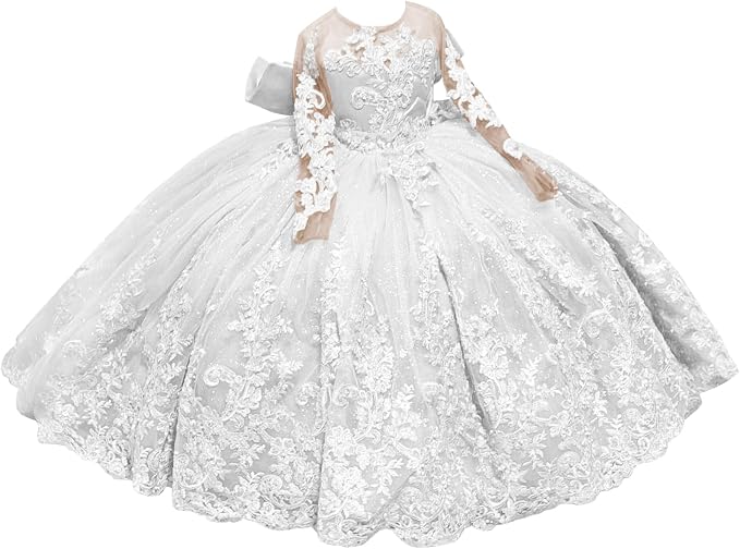 White / 18m Sunnypetal Sparkling Long Sleeve Lace Tulle Flower Girl Dress with Glitter Appliqué &amp; Bow