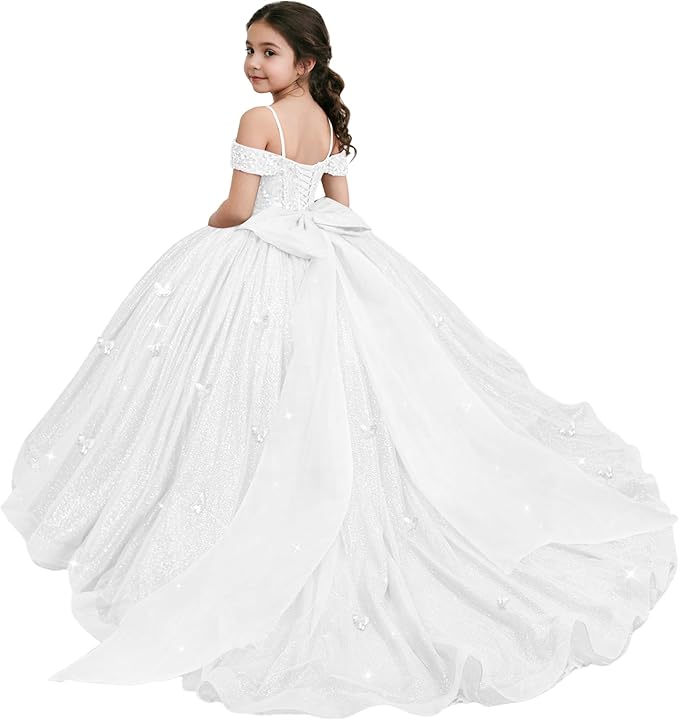 White / 18m Sunnypetal Sparkling Off-Shoulder Glitter Tulle Flower Girl Dress with Oversized Bow