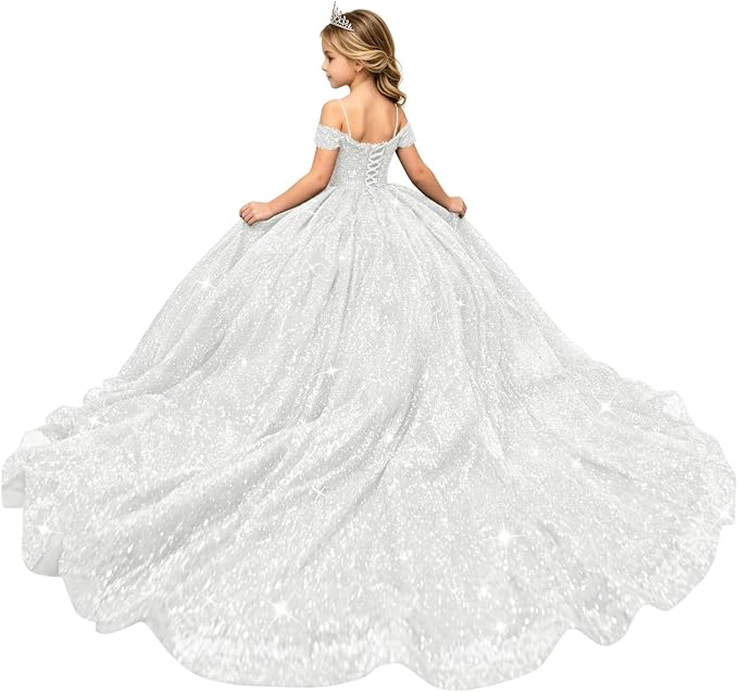 White / 18m Sunnypetal Sparkly Sequin Off-Shoulder Princess Ball Gown Flower Girl Dress for Pageant